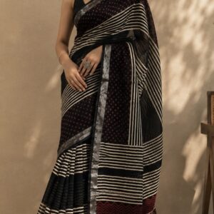 Black Geometric Stripe Printed Linen Saree