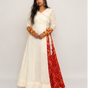 Off-White Brasso Embossed Anarkali with Banarasi Red Panel