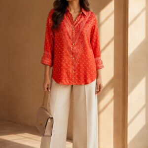Red Bandhani Printed Shirt with Intricate Border Detailing