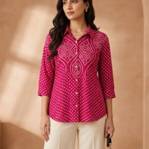 Magenta Bandhani Print Shirt with Geometric Pattern
