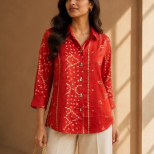 Red Bandhani Printed Shirt with Floral Motif and Border Detailing