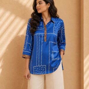 Blue Crepe Silk Embellished Kurta with Bandhani Front & Kalamkari Back Panel
