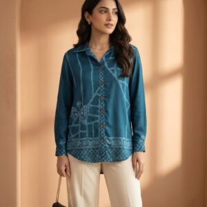 Teal Blue Bandhani Printed Shirt with Floral and Geometric Detailing