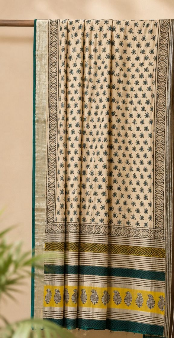 Elegant cream & Teal Printed Linen Saree with patterned pallu - Image 6