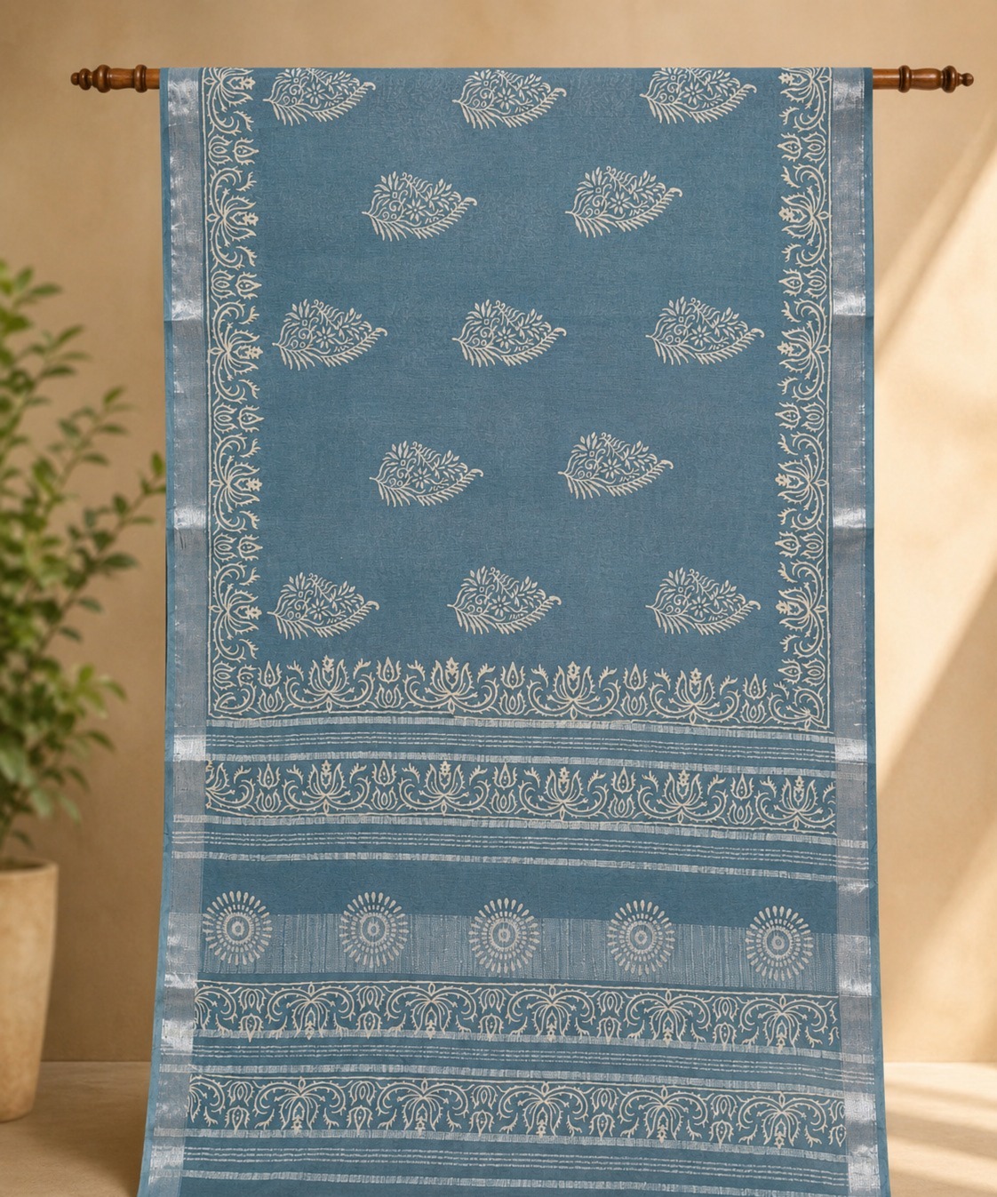 Blue Grey Printed Linen Saree with Ornate Floral Pallu - Image 5