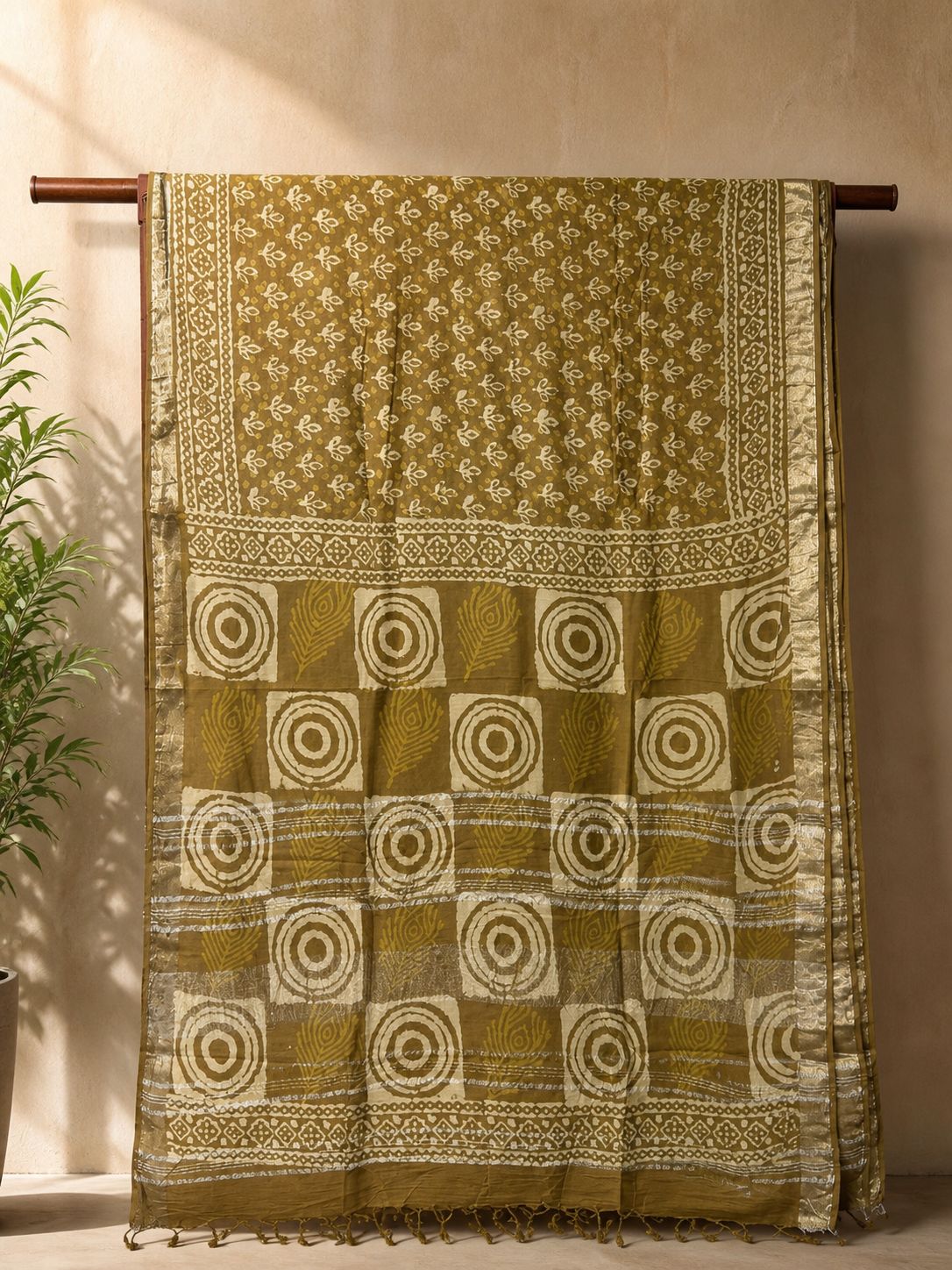Mustard Brown Floral & Geometric Printed Linen Saree - Image 2