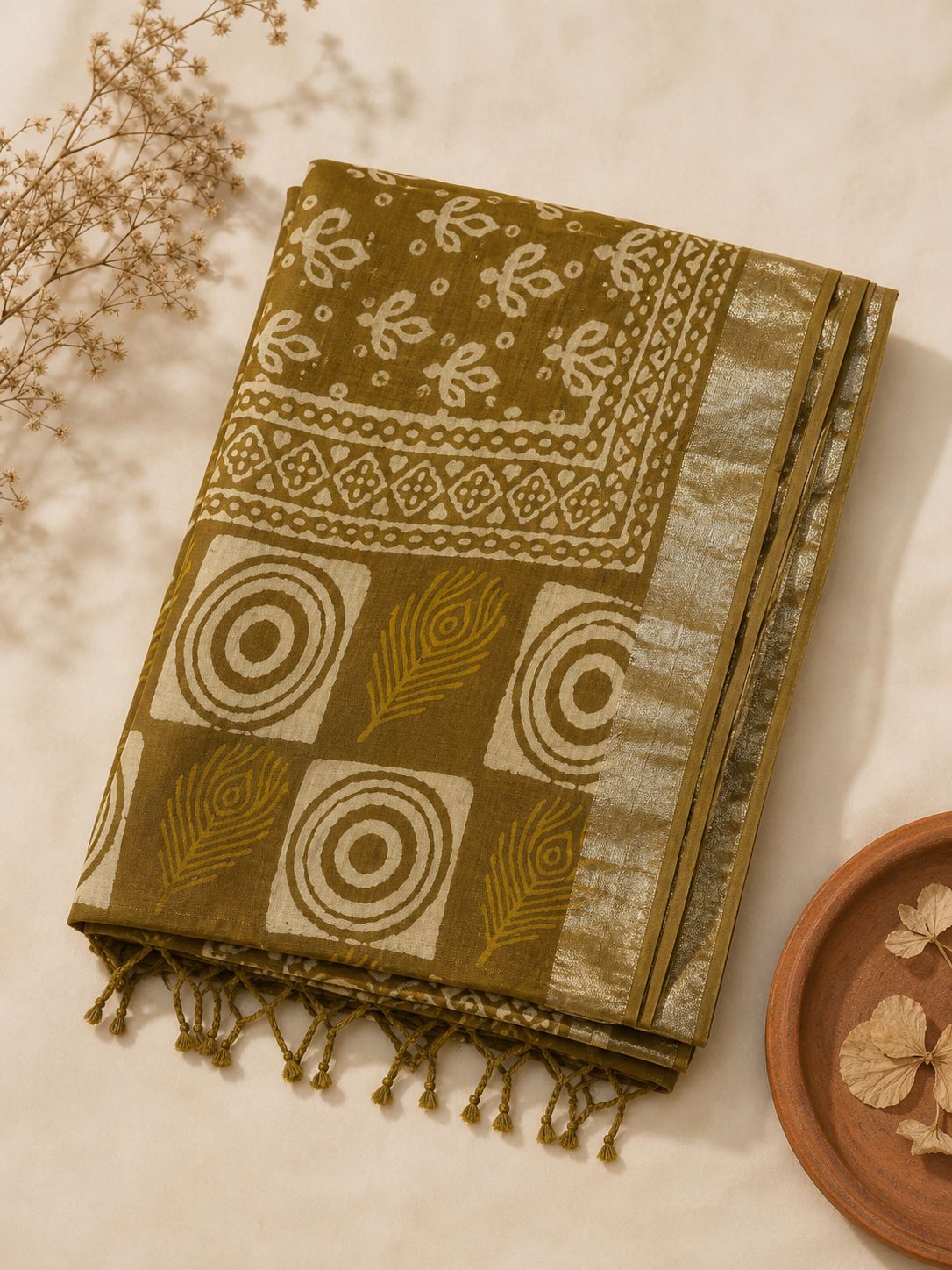Mustard Brown Floral & Geometric Printed Linen Saree - Image 6