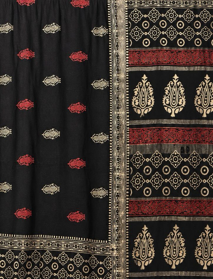 Black Printed Linen Saree with Red and Ivory Motifs - Image 2