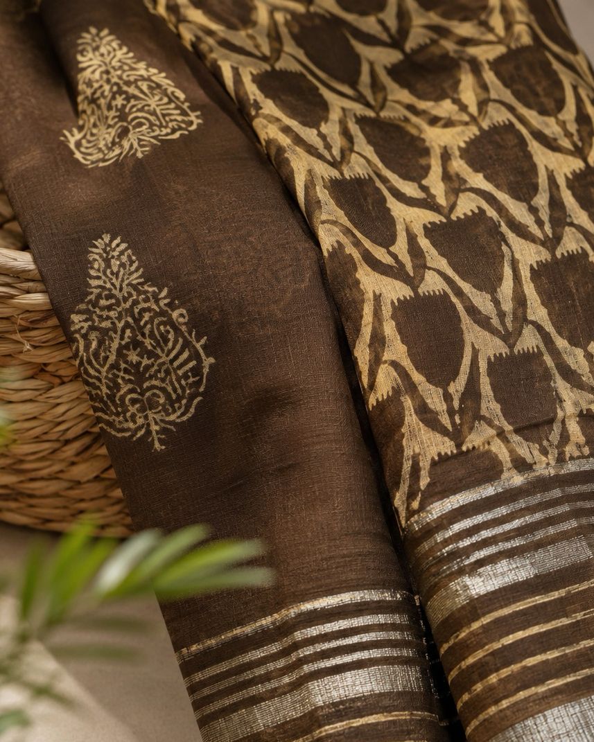 Black Printed Linen Saree with Beige Motifs and Striped Pallu - Image 2
