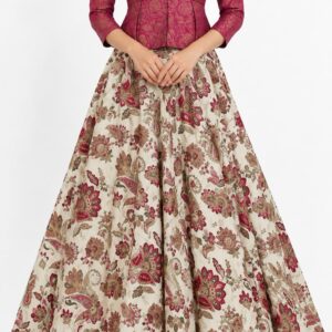 Deep Dusty Pink Brocade Blouse with Floral Silk Blend Skirt
