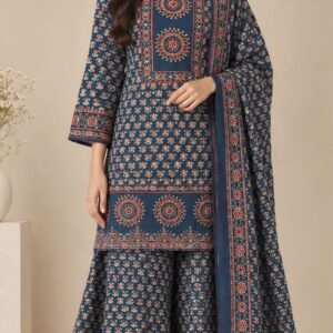 Navy Blue Ajrakh Print Cotton Kurta with Palazzo Set