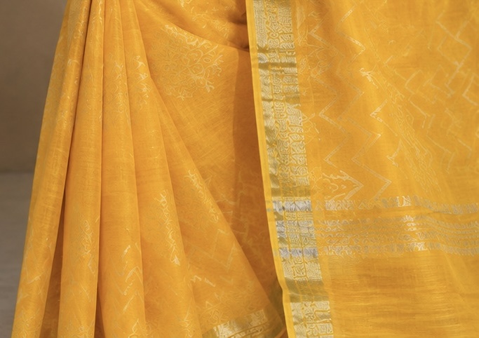 Bright Yellow Printed Linen Saree with Delicate Border - Image 5