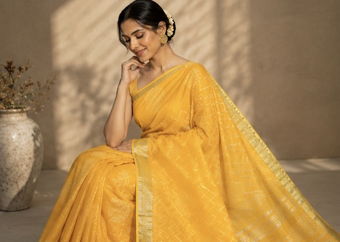 Bright Yellow Printed Linen Saree with Delicate Border - Image 4
