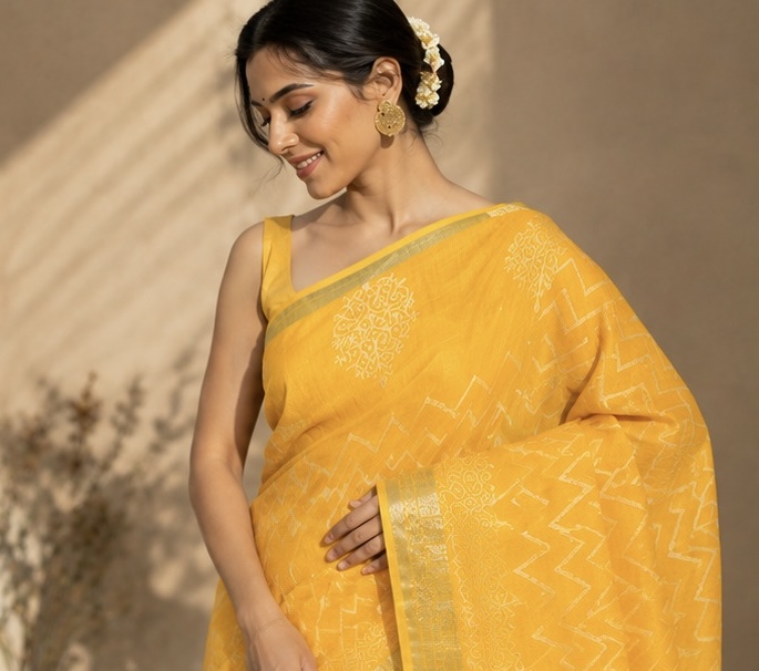 Bright Yellow Printed Linen Saree with Delicate Border - Image 7