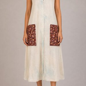 Beige Sleeveless Cotton Vest with Floral Ajrakh Print Pockets