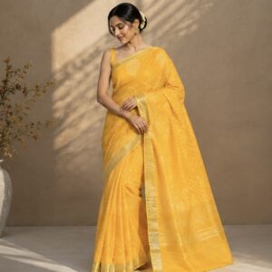 Bright Yellow Printed Linen Saree with Delicate Border