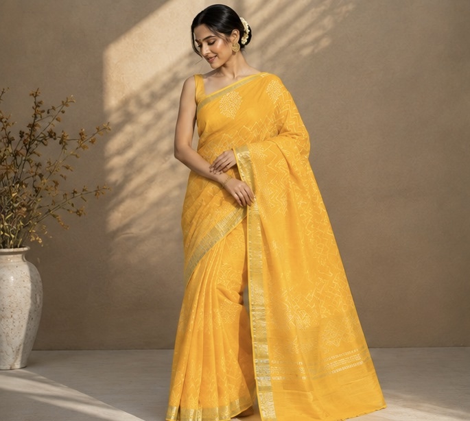 Bright Yellow Printed Linen Saree with Delicate Border