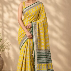 Mustard Yellow Paisley Printed Linen Saree