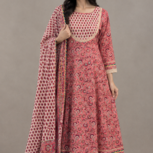 Floral Handcrafted Mull Cotton Anarkali Kurta Set with Gotapatti Borders