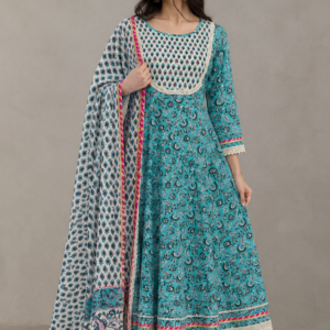 Floral Handcrafted Mull Cotton Anarkali Kurta Set with Gotapatti Borders