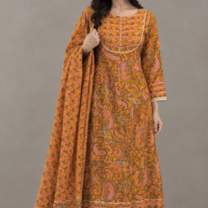Floral Handcrafted Mull Cotton Anarkali Kurta Set with Gotapatti Borders